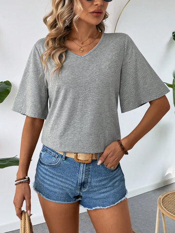 Summer Casual Simple & Comfortable Homewear Grey Short Sleeve T-Shirt With Ruffled Sleeves