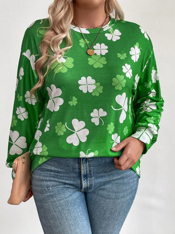 Plus Size Women's Clover Printed Round Neck Long Sleeve Casual Sweatshirt