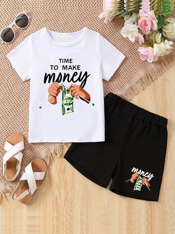 Tween Girl Fashionable Printed Short Sleeve T-Shirt And Shorts Two-Piece Set