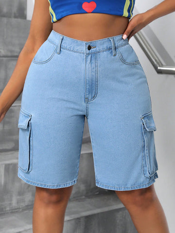 Plus Size Spring Summer Casual Straight Leg Denim Shorts With Tool Pockets