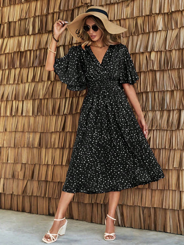 Women's Summer Polka Dot Printed Ruffled Short Sleeve Wrap Waist Maxi Dress