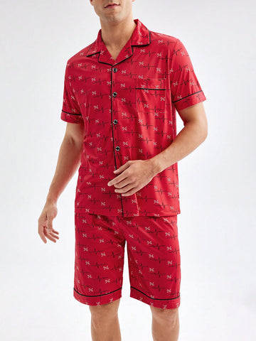 Men Summer Allover Printed Contrast Trim Short Sleeve Top & Shorts Loungewear Set