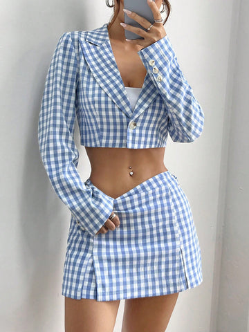 Women's Blue Plaid Notched Lapel Long Sleeve Cropped Blazer And Skirt Set For Spring/Fall