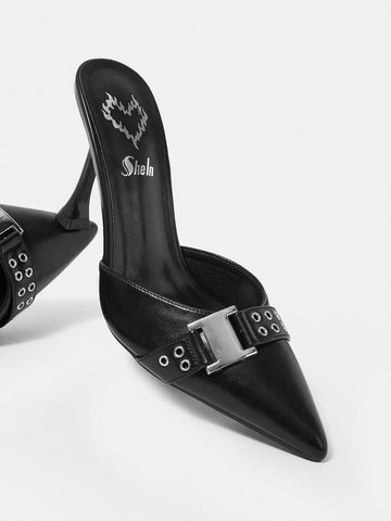Women's Black Pu High Heel Pointed Toe Mules