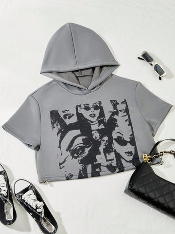 Women's Spring And Summer Printed Short Sleeve Hoodie With Character Print