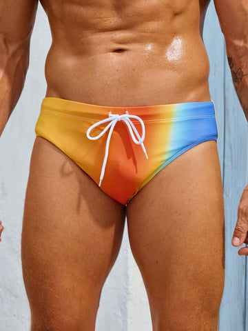 Men's Gradient Drawstring Triangular Swim Trunks, Perfect For Summer Beachwear