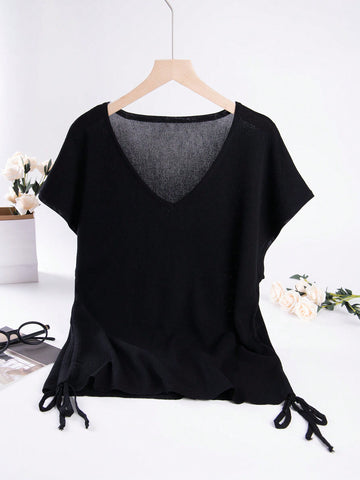 Plus Size V-Neck Drawstring Pleated Knit Top