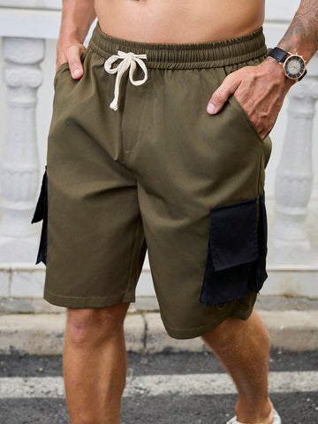 Men's Summer Vacation Casual Drawstring Waist Color Block Shorts With Flap Pockets