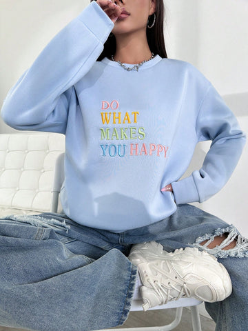 Colorful Letter Embroidery Casual Round Neck Slouchy Sweatshirt
