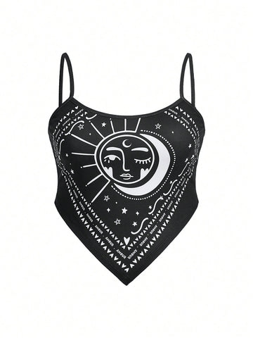 Plus Size Sun And Moon Print Cropped Slim Fit Tank Top