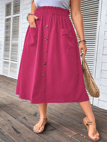 Women's Plus Size Mid-Calf Skirt With Pleated Hem, Single Breasted Waist And Double Pockets