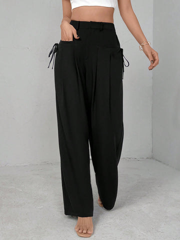 Summer High Waist Pleated Wide Leg Suit Pants With Knot Design For Casual & Commute
