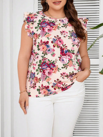Plus Size Women's Floral Print Round Neck Short Sleeve Blouse With Ruffle Details For Summer Holidays