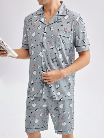 Men's Simple Printed Short Sleeve And Shorts Homewear Set