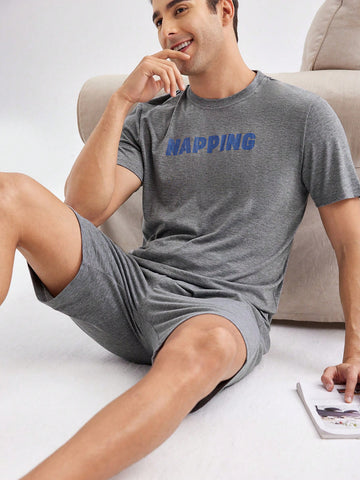 Men's Solid Color Letter Print Short Sleeve And Shorts Homewear Set