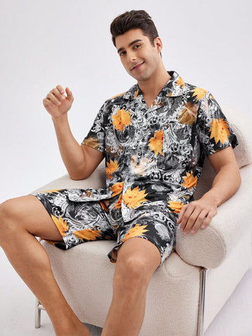 Men's Maple Leaf Print Single Breasted Short Sleeve Shirt And Shorts Homewear Set