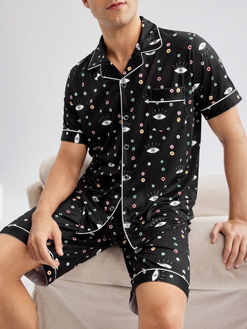 Men's Printed Short Sleeve Shirt And Shorts Homewear Set, Summer