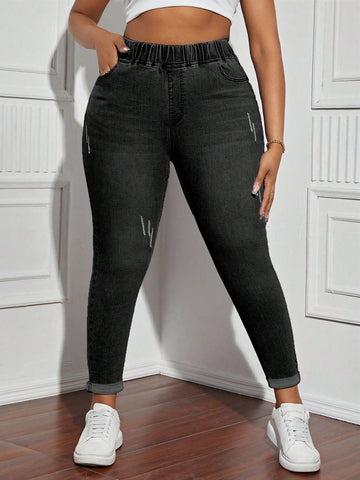 Plus Size Women's Skinny High Elasticity Jeans With Ankle Length Hems