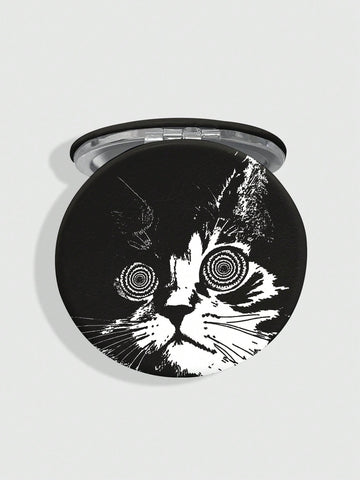 1pc Round Pu Mirror With Black Cat Design