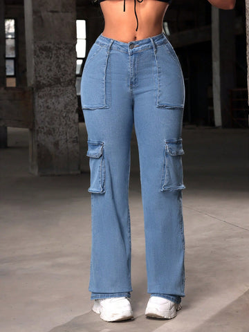Solid Color Flip Pocket Straight Leg Jeans