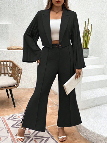 Plus Size Bell Sleeve Single Button Blazer And High Slit Bell Bottom Pants Suit