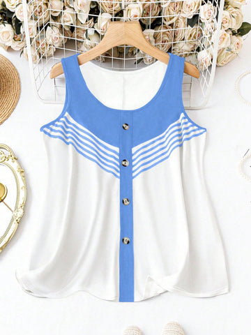 Plus Size Colorblock Striped Front Button Tank Top For Summer