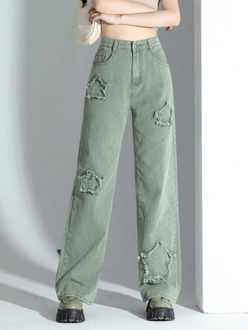 Teen Girl Street Fashion Loose Fit Wide Leg Jeans With Star Applique & Embroidery, Comfortable