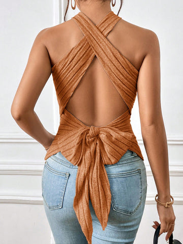 Women's Solid Color Halter Backless Camisole Top With Shoulder Straps For Summer