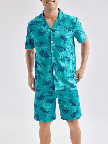 Men's Tropical Plant Printed Short Sleeve Shirt And Shorts Homewear Set For Summer