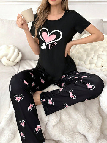 Women Pink Heart Print Round Neck Top & Pants Summer Pajama Set
