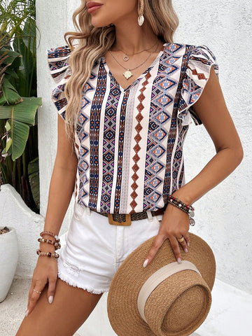 Casual Vintage Printed Back Strap Ruffle Hem Blouse, Perfect For Vacation