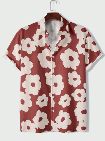 Men Floral Print Button Down Short Sleeve Summer Vacation Shirt