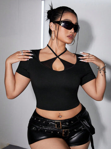 Plus Size Y2k Slim Fit Cross Strap Mesh Panel Short Sleeve Black T-Shirt With Collar Summer Clothing