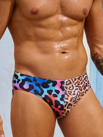 Men's Leopard Print Color Block Swim Trunks