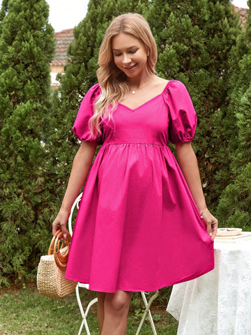 Solid Color Bubble Sleeve Dress With Chicken Heart Neck And Gathered Waist For Maternity