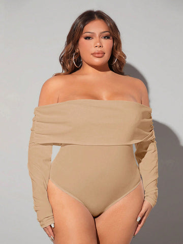 Plus Off-Shoulder Solid Color Sexy Bodysuit For Club & Valentine's Day