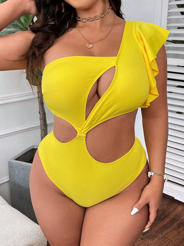 Plus Size Summer Beach One Shoulder One-Piece Swimsuit With Ruffle Trim, Cut-Out Design And Unique Material