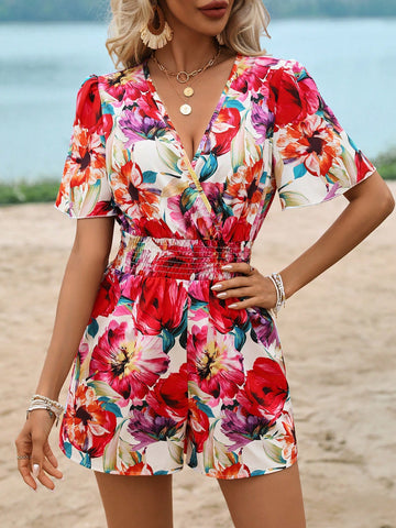 Casual Floral Print Tie Waist Romper For Summer Vacation