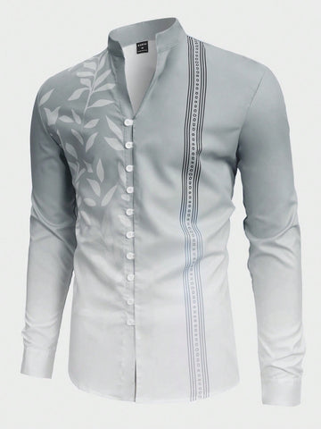 Men Gradient Leaf Printed Button Down Long Sleeve Spring Casual Shirt