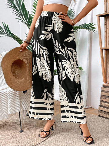 Women Vacation Style Tropical Printed Elastic Waist Wide Leg Long Pants Beach