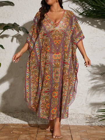 Summer Beach Plus Size Peplum Preshrunk Batwing Sleeve Long Cover Up With Paisley Print