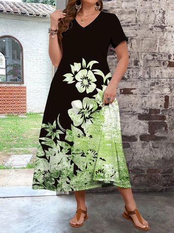 Plus Size Women's V-Neck Short Sleeve Floral Printed Casual Long Dress For Summer