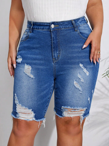 Plus Size Distressed Slim-Fit Denim Shorts For Spring And Summer