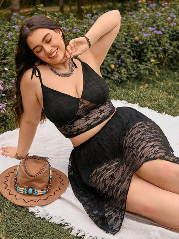 Plus Size Lace Trim Tie Shoulder Crop Top And Irregular Hem Skirt Two Piece Set Beach Essentials   Beach Women Dresses Best Sellers Camo  Funny   Picnic Country Festival Outfits Country Concert Going Out Cover Up Clothes Dazy Outfits Beach Stuff Summer Cu
