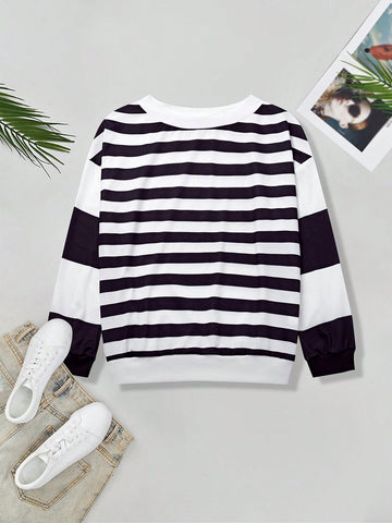 Spring Contrast Stripe Round Neck Casual Sweatshirt