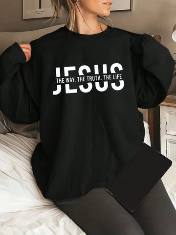 Plus Size Women's Loose Fit Long Sleeve Sweatshirt With Round Neck, Drop Shoulders And Slogan Prints, Fall & Winter