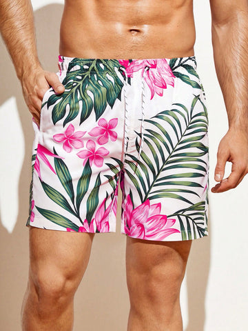 Men Loose Leaf Printed Beach Shorts In Vacation Style
