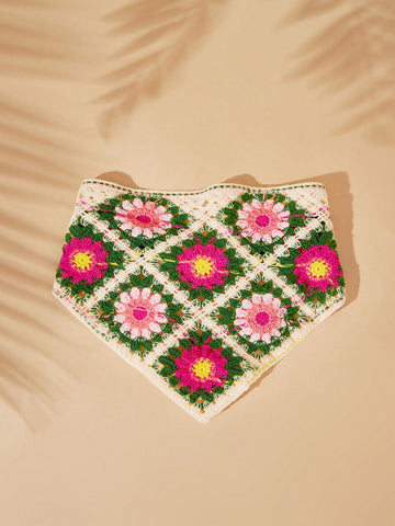 1pc Women's Vintage Handmade Crochet Knitted Flower Decor Bandana Hairstyle Headband, Suitable For Vacation, Picnic, Beach