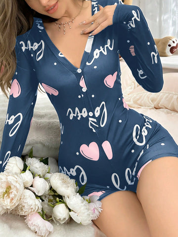 Women Heart And Letter Printed Long Sleeve  Romper