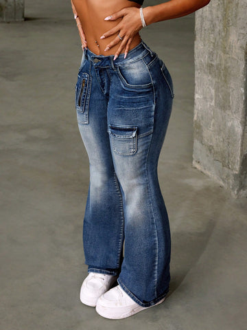Washed Flap Pocket Bell Bottom Jeans
